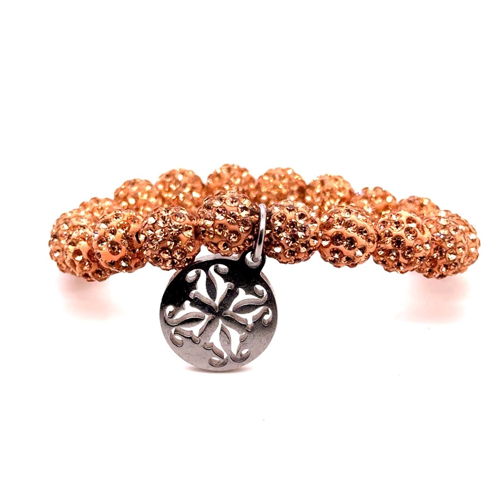 Rustic Cuff Rose Gold Crystal Disco Ball Bead Stretch Charm Bracelet